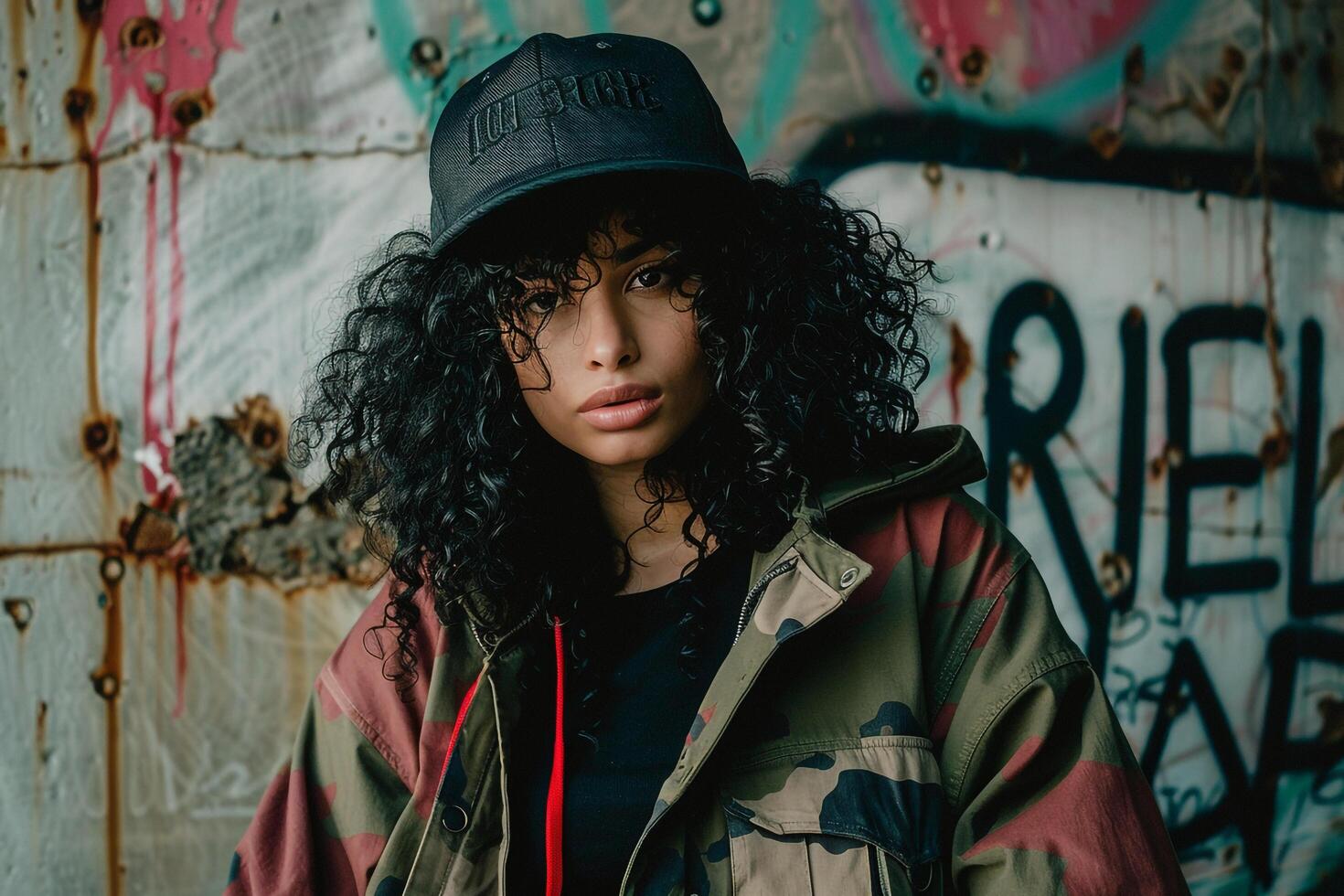 Portrait of a model in streetweargritty urban background capturing urban fashion photo