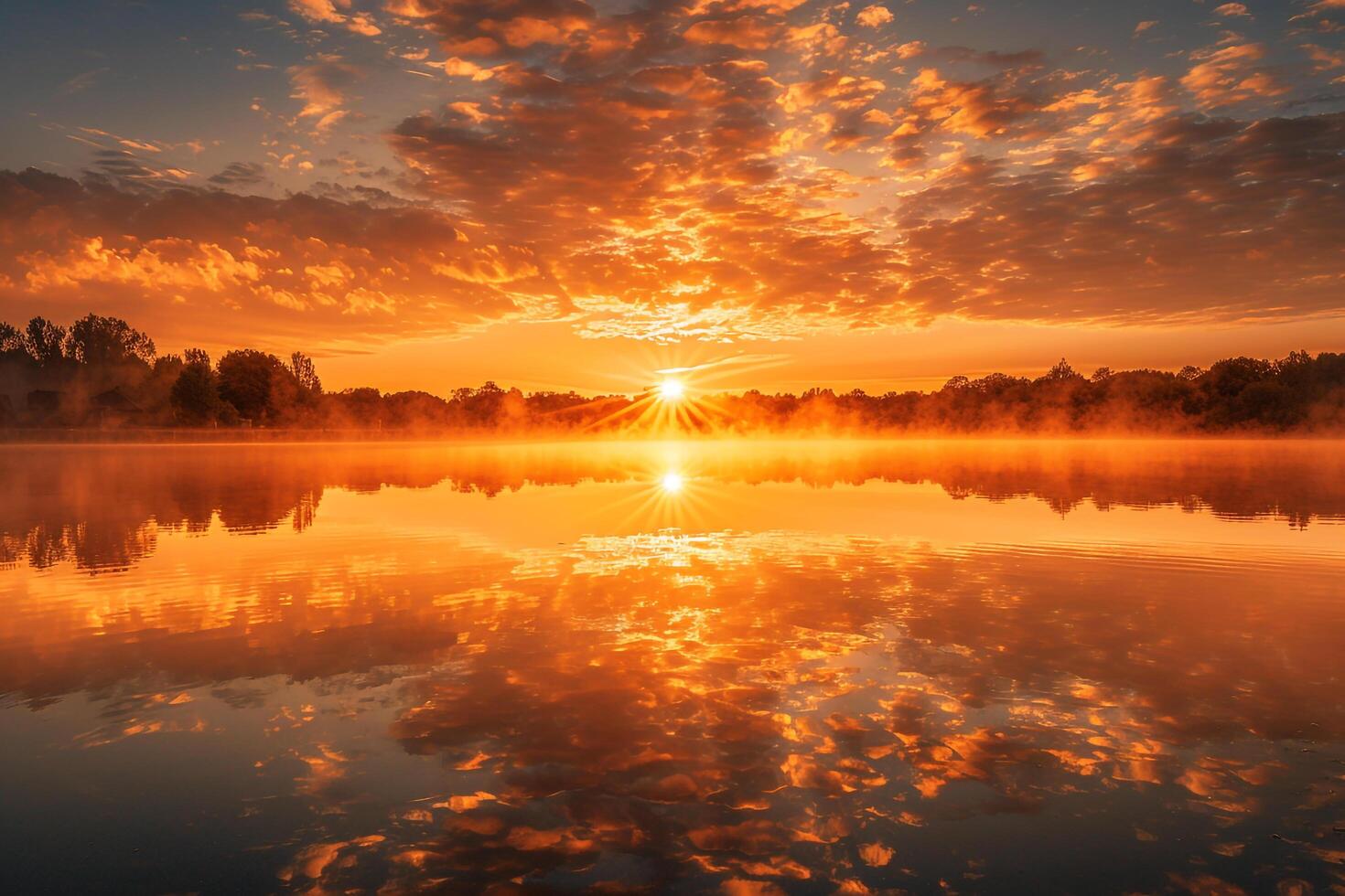 Misty lake with s at gen sunrise photo