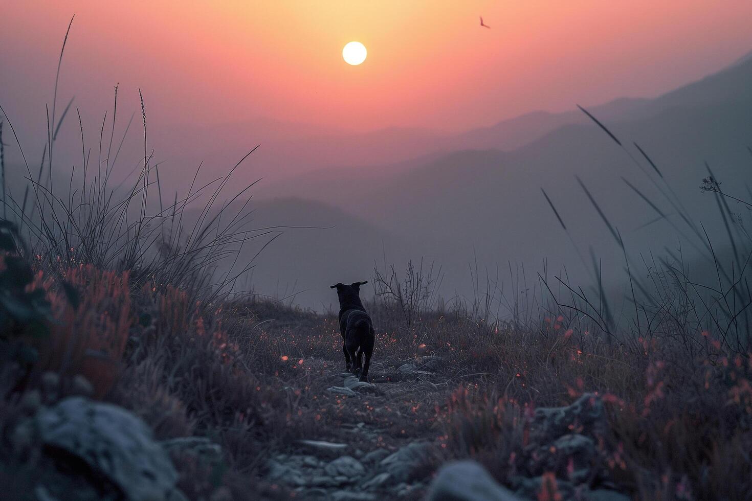 Dog hiking uphill at sunrise over rugged mountainous terrain photo