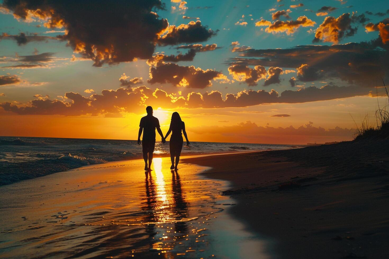 Couple strolling on a quiet beach at sunset photo