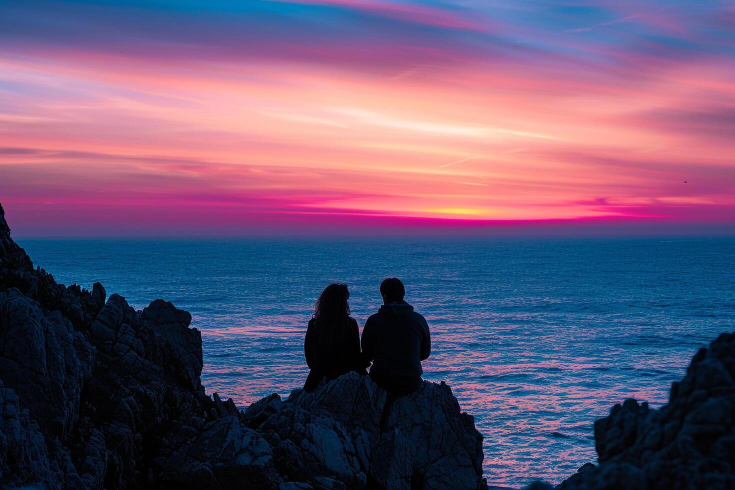 Couple admiring sunset from rocky outcrop by ocean photo
