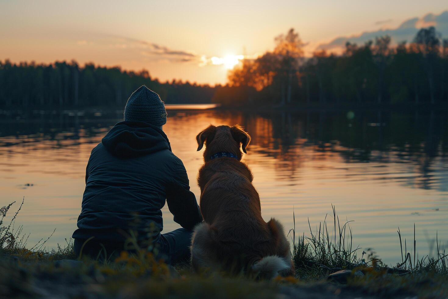 Dog and owner enjoying a tranquil sunset by the lake serene bonding moment background photo