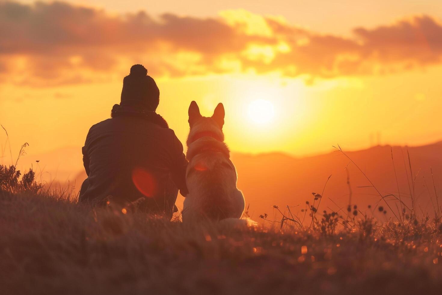Dog sitting peacefully on a hilltop watching the sunset calm and scenic background photo
