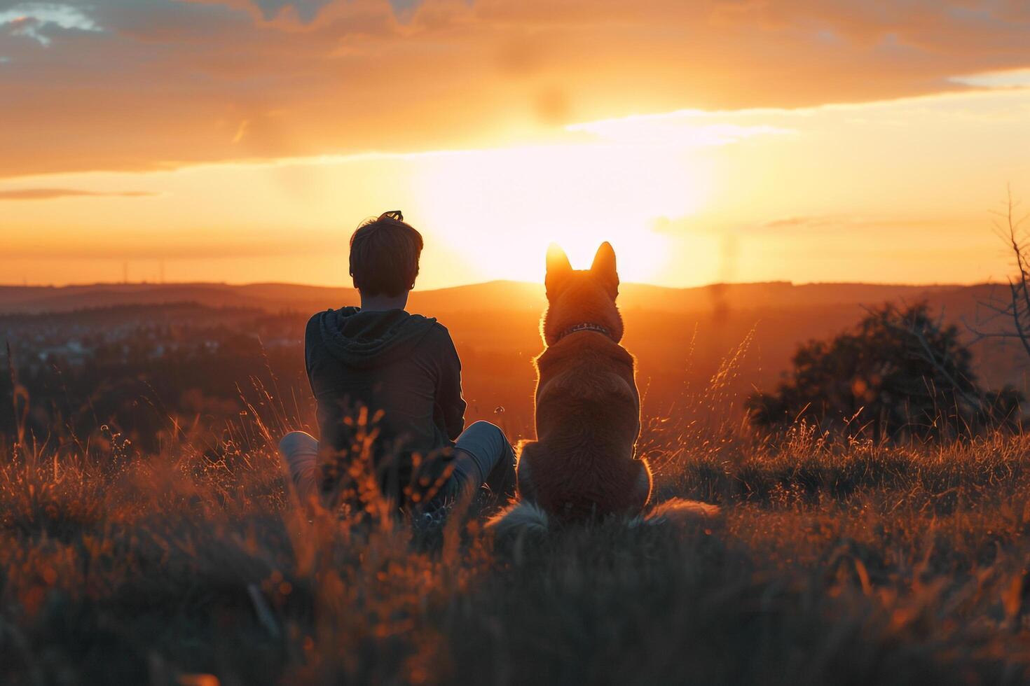 Dog observing a beautiful sunset from a hilltop serene and peaceful background photo