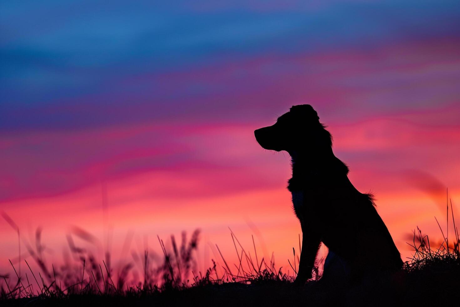 Dog sitting on a hilltop with a  sunset sky serene andbackground photo