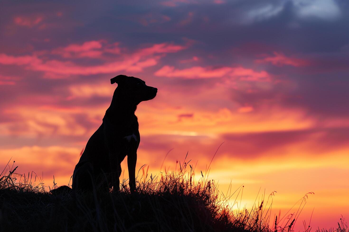 Dog on a hilltop enjoying a sunset sky serene and tranquil background photo