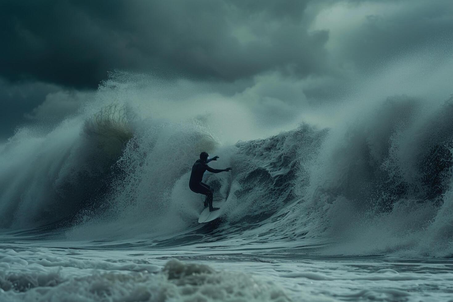 Surfers on big waves in stormy weather dynamic and exciting background photo