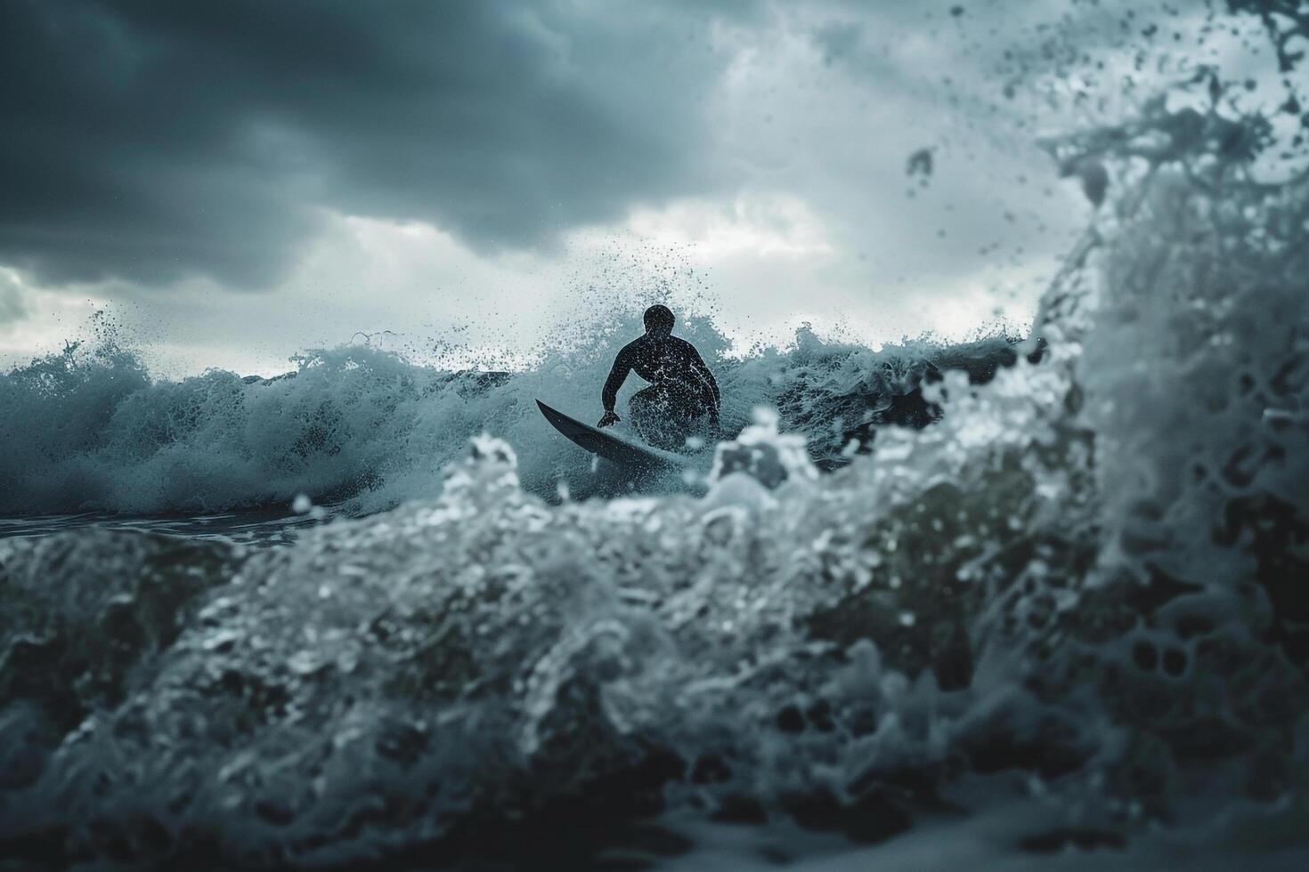Big waves surfers on stormy day dramatic and action packed background photo