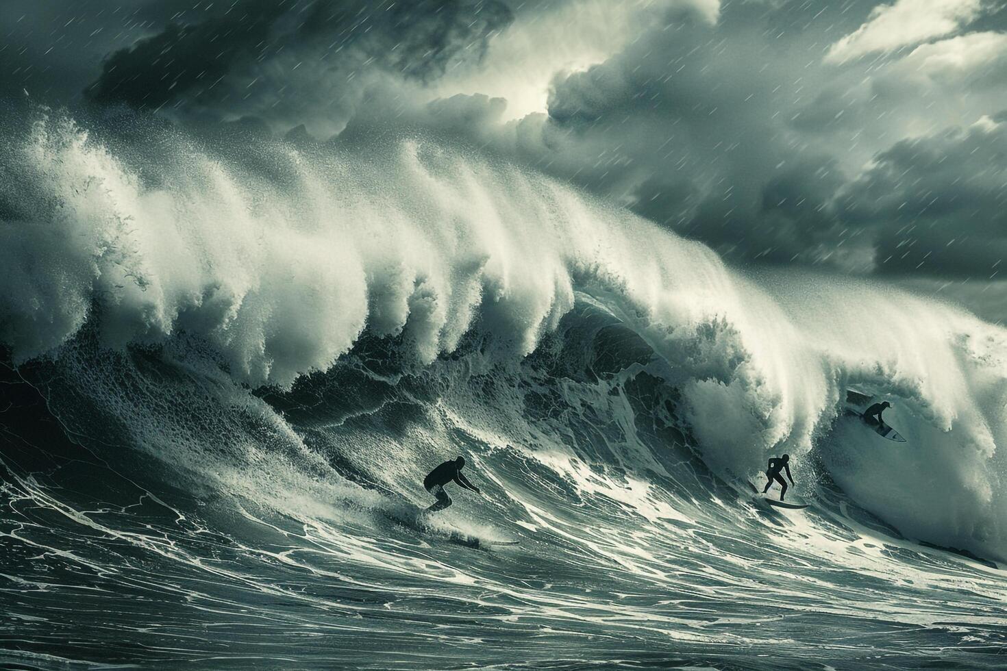 Surfers on big waves during stormy day dramatic and thrilling background photo