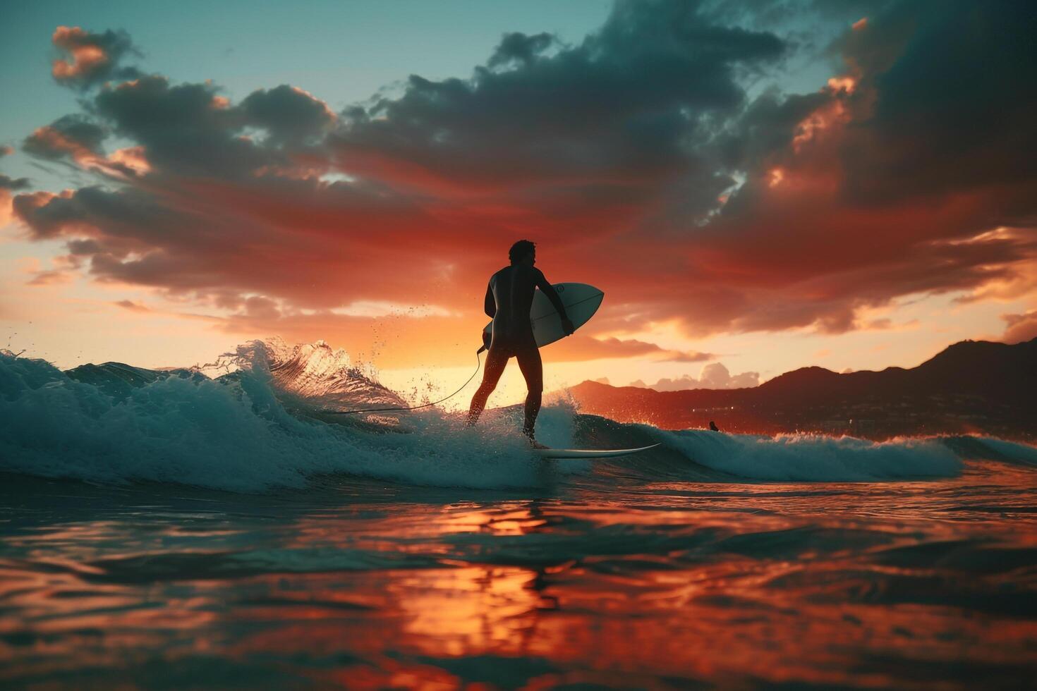 Dramatic sunset sky with surfers catching waves scenic and dynamic background photo