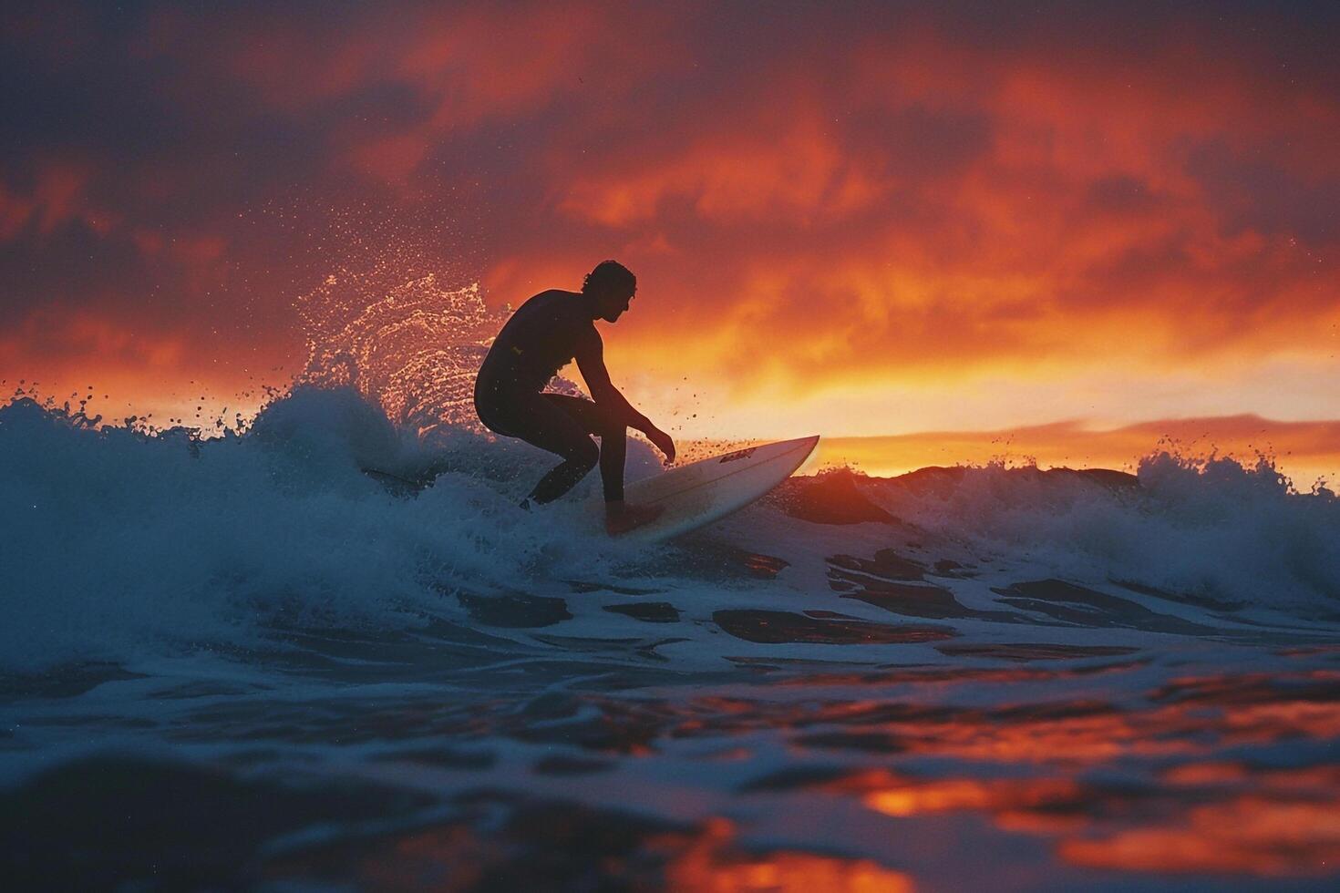Surfers riding waves under stunning sunset sky and serene background photo