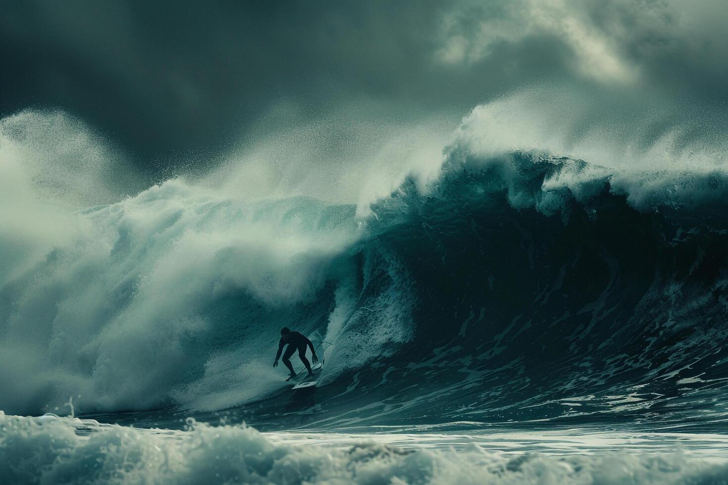 Stormy day surfers riding big waves thrilling and dramatic background photo