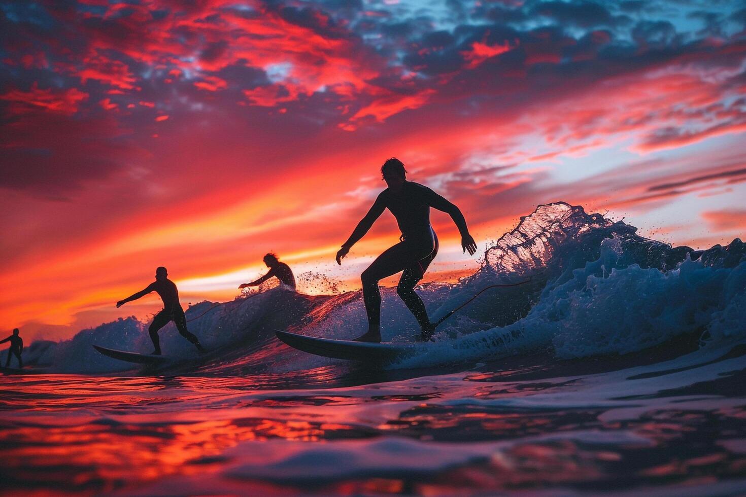 Surfers under dramatic sunset sky exciting and stunning catching waves background photo