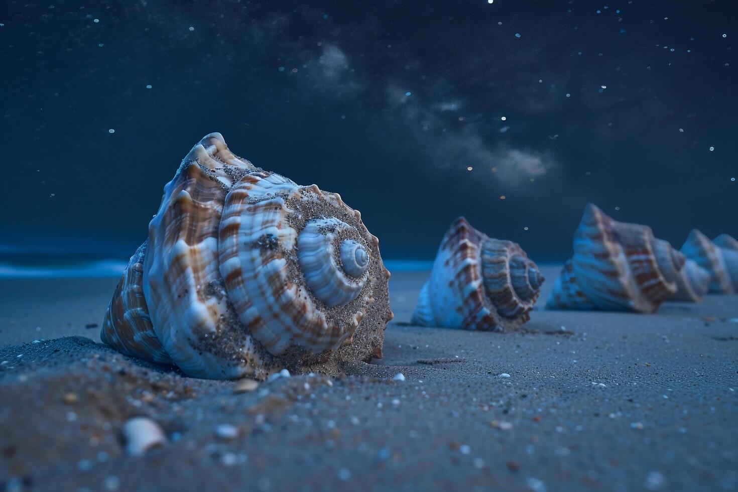 Enchanting starry sky with giant seashells on sand magical and serene background photo