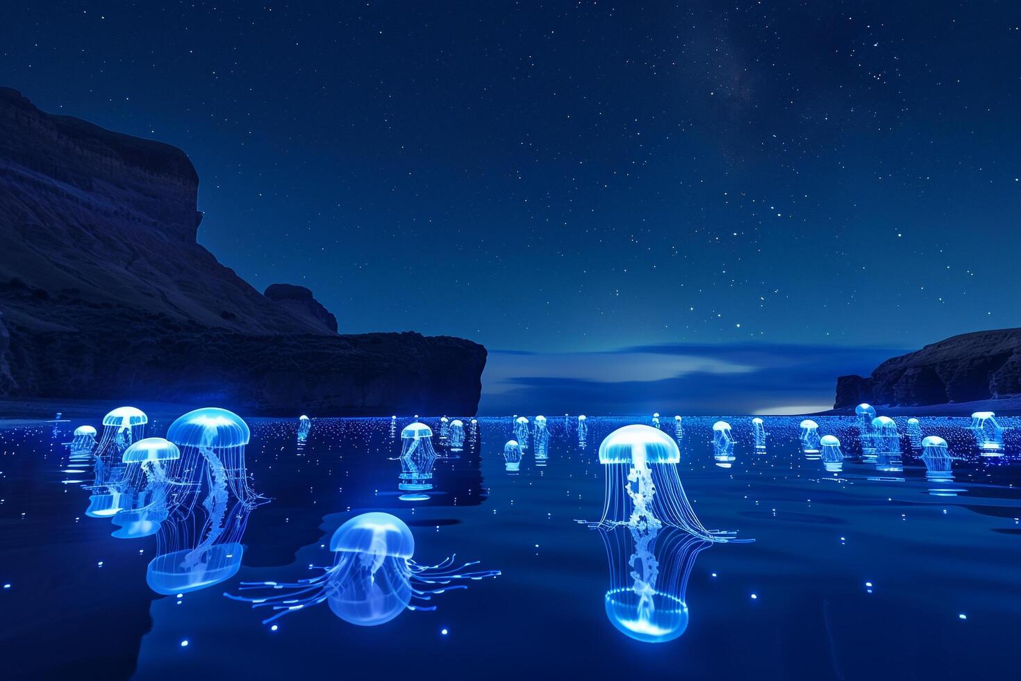Bioluminescent lagoon with floating jellyfish under starry night sky photo
