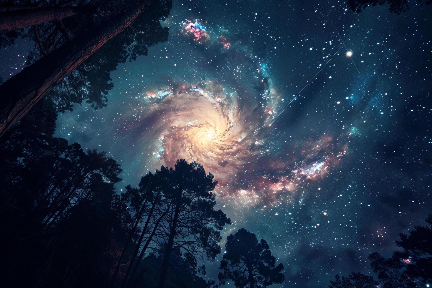 Swirling galaxies and a comet crossing a celestial sky photo