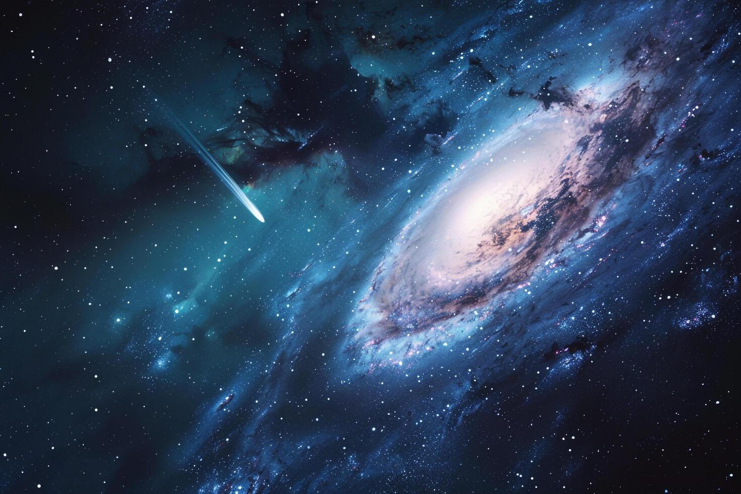 Dramatic comet and swirling galaxies in a celestial sky photo
