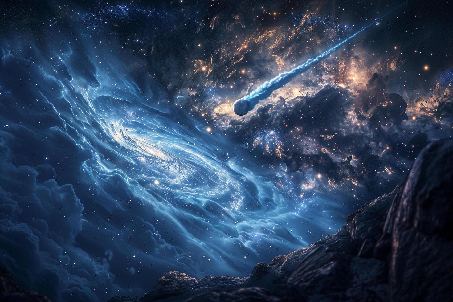Comet streaking through swirling galaxies in a celestial sky photo