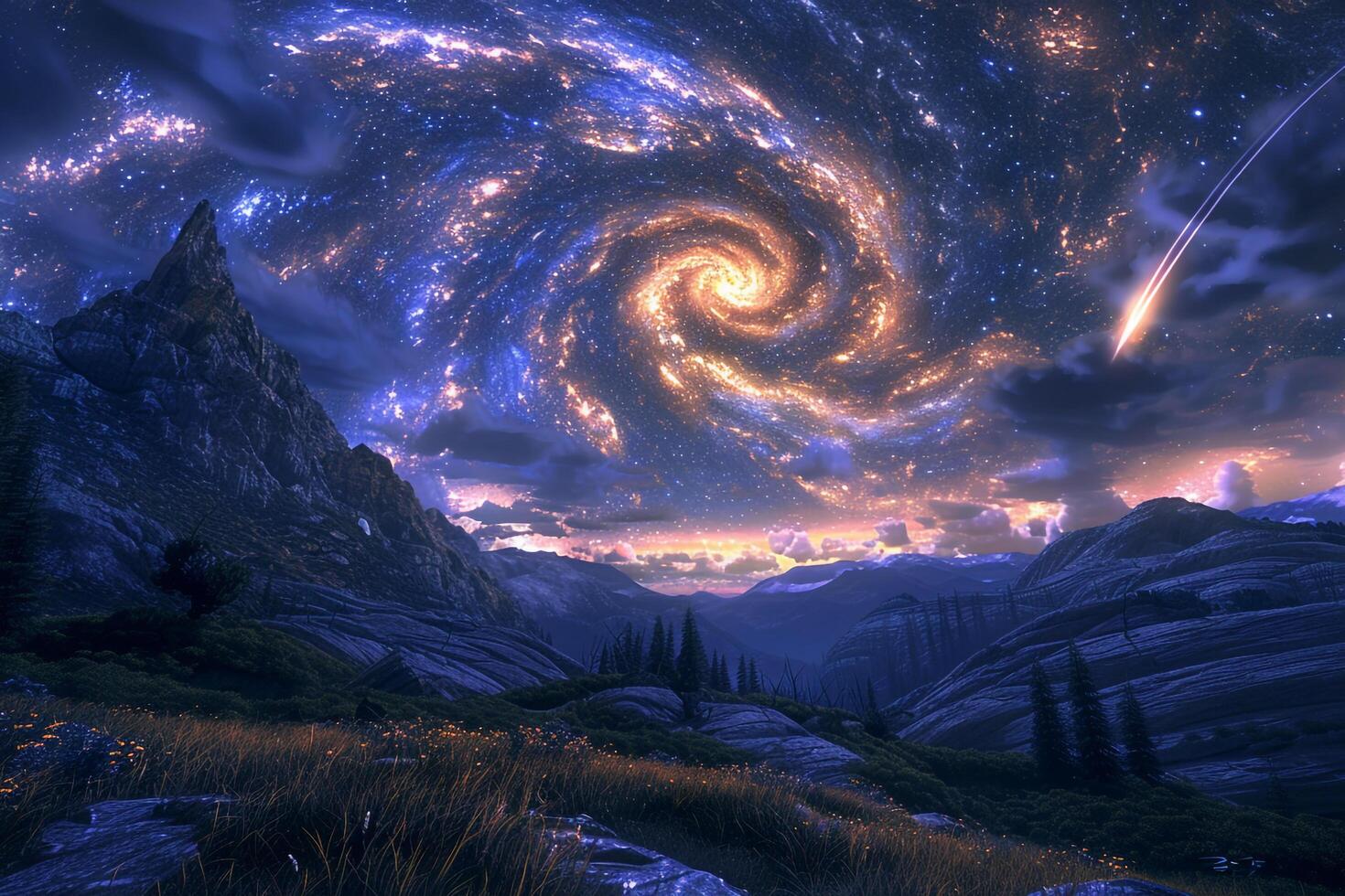 Celestial sky with swirling galaxies and a comet streaking across photo