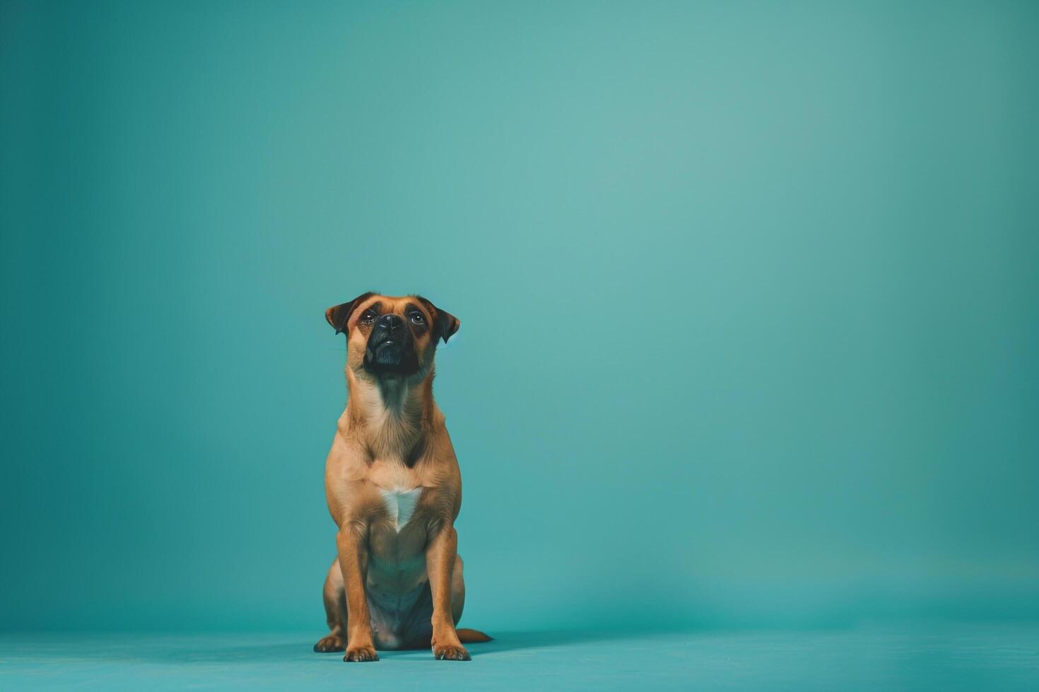 Teal background with an attentive dog photo