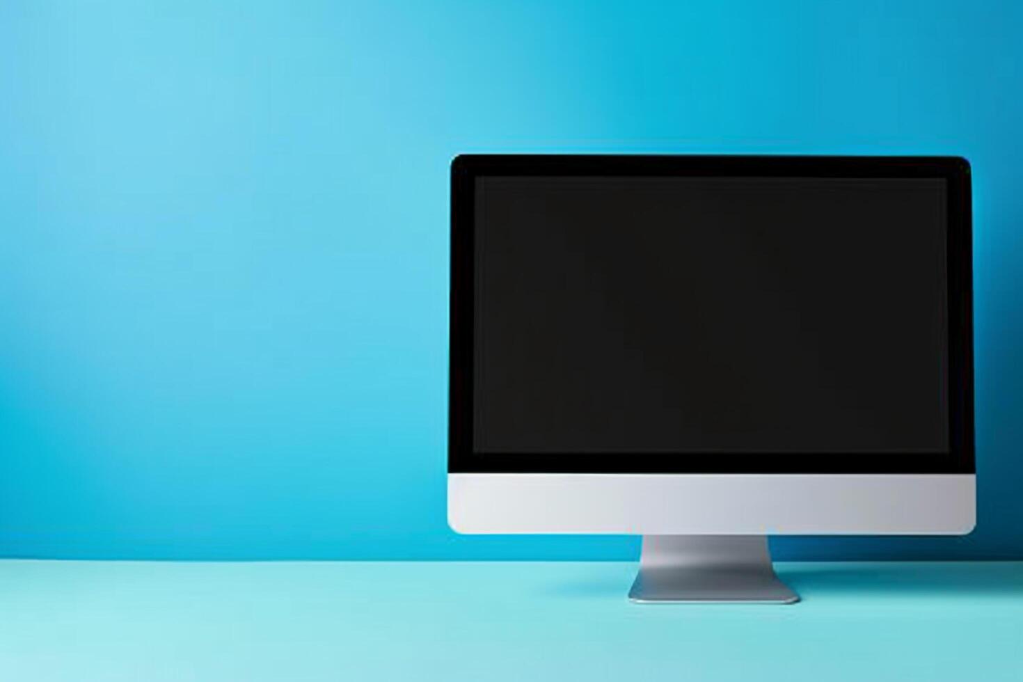 Desktop computer mockup with blank screen on dynamic background photo