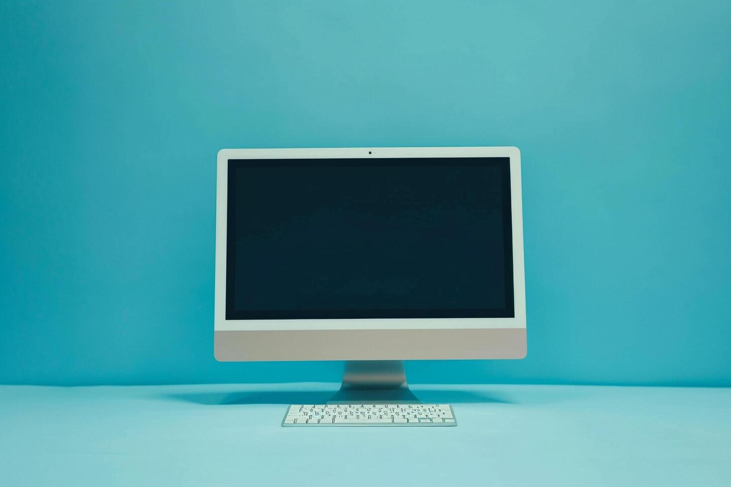 Desktop computer mockup with blank screen on neutral toned background photo