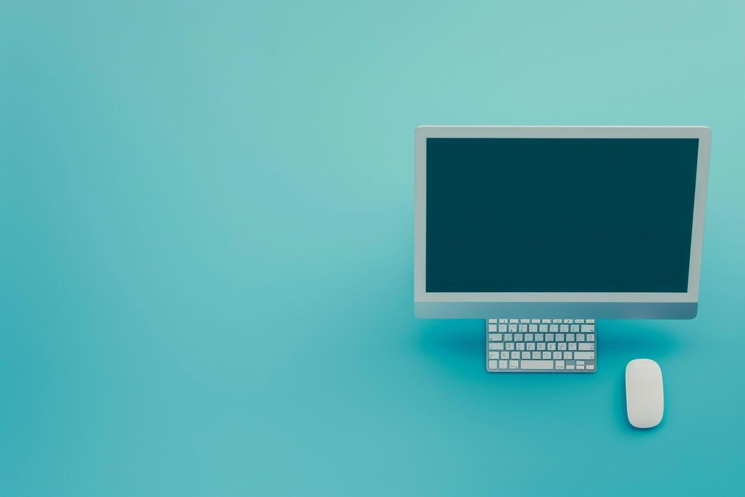 Desktop computer mockup with blank screen on screen display background photo