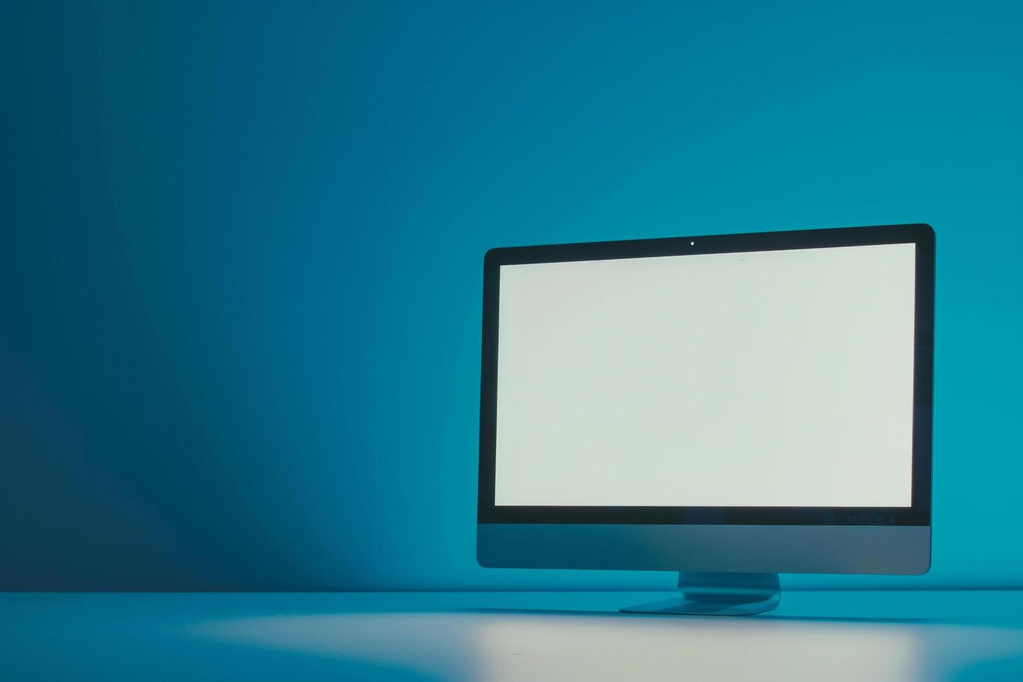Laptop mockup screen on high tech desk with digital devices photo