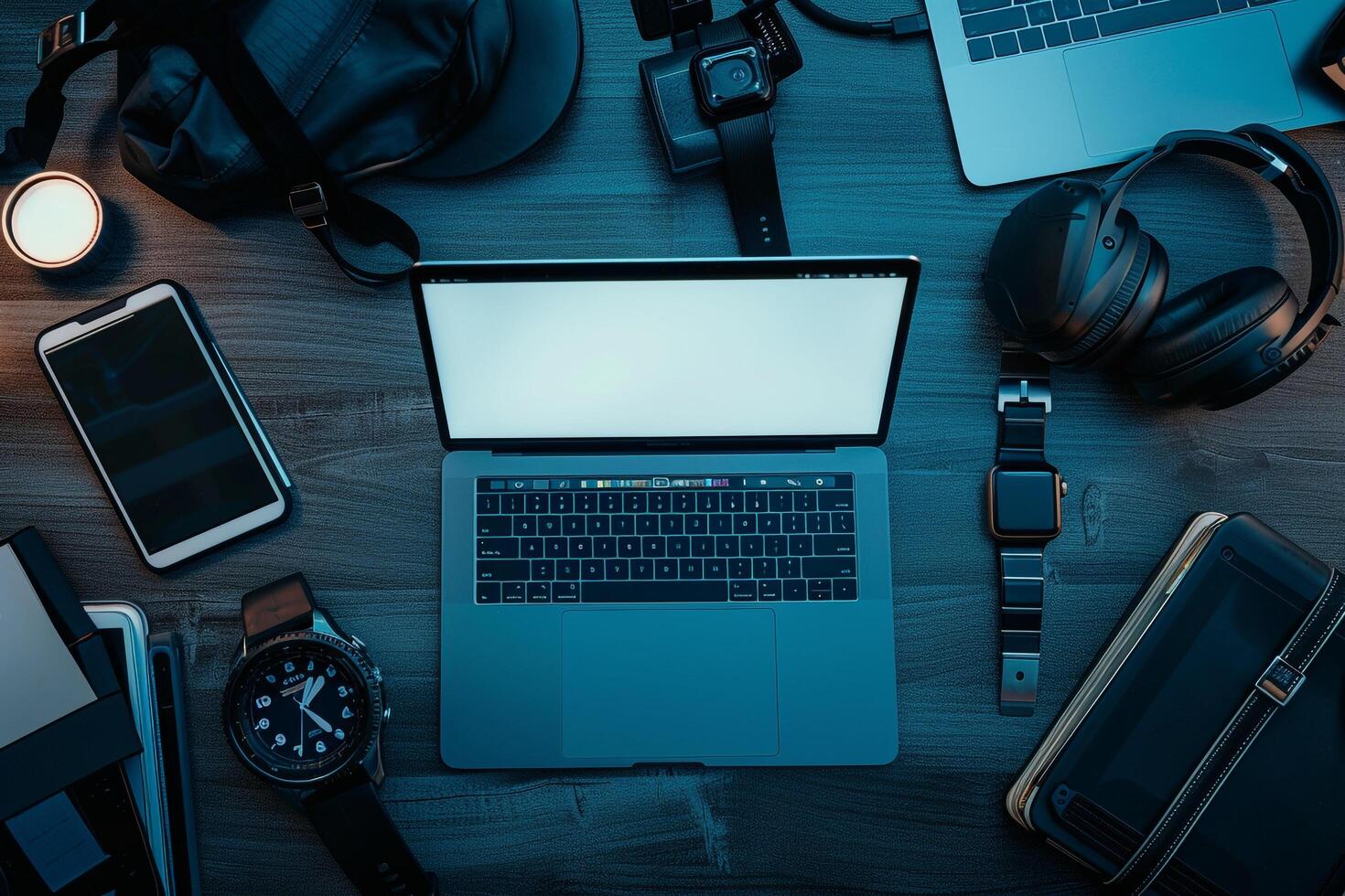 Laptop mockup screen on high tech desk with smartwatch and gadgets photo