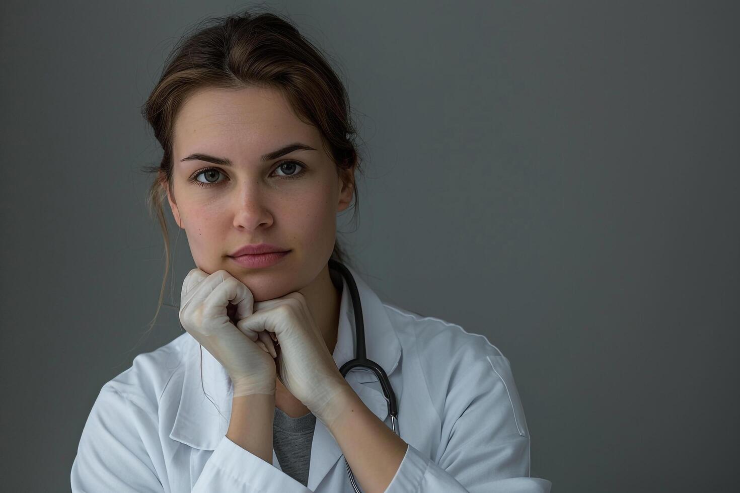 Female Doctor Deep in Thought in Healthcare Environment photo