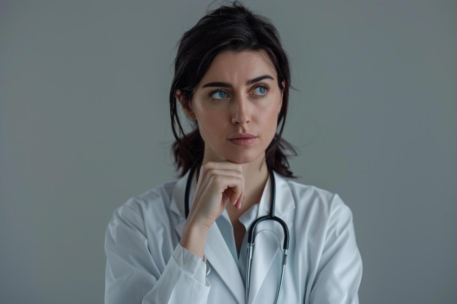 Female Doctor Deep in Thought Analyzing Patient Records in Clinical photo