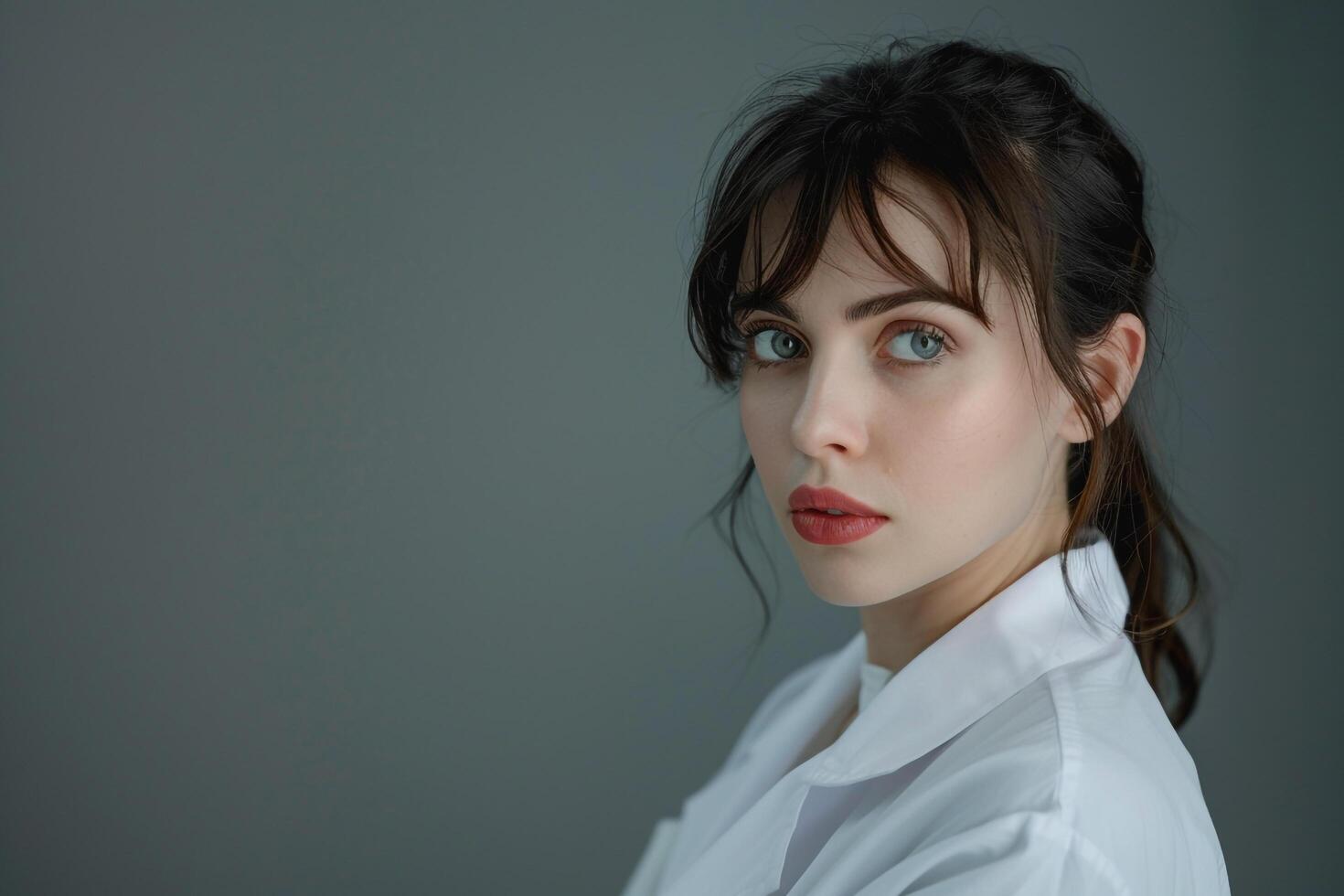 Female Doctor Reflecting on Patient Data in Medical Office with Intense photo