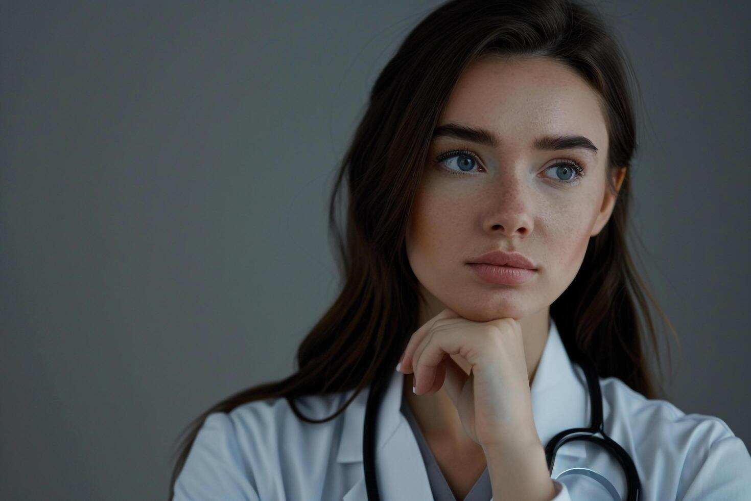 Female Doctor Contemplating Patient Information in  Office Environment photo