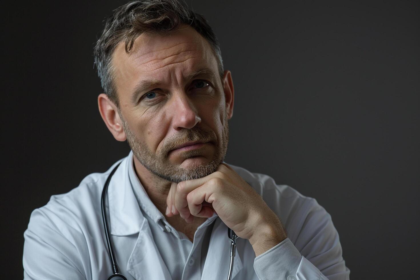 Doctor with Reflective Expression Analyzing Patient Data in Clinical photo