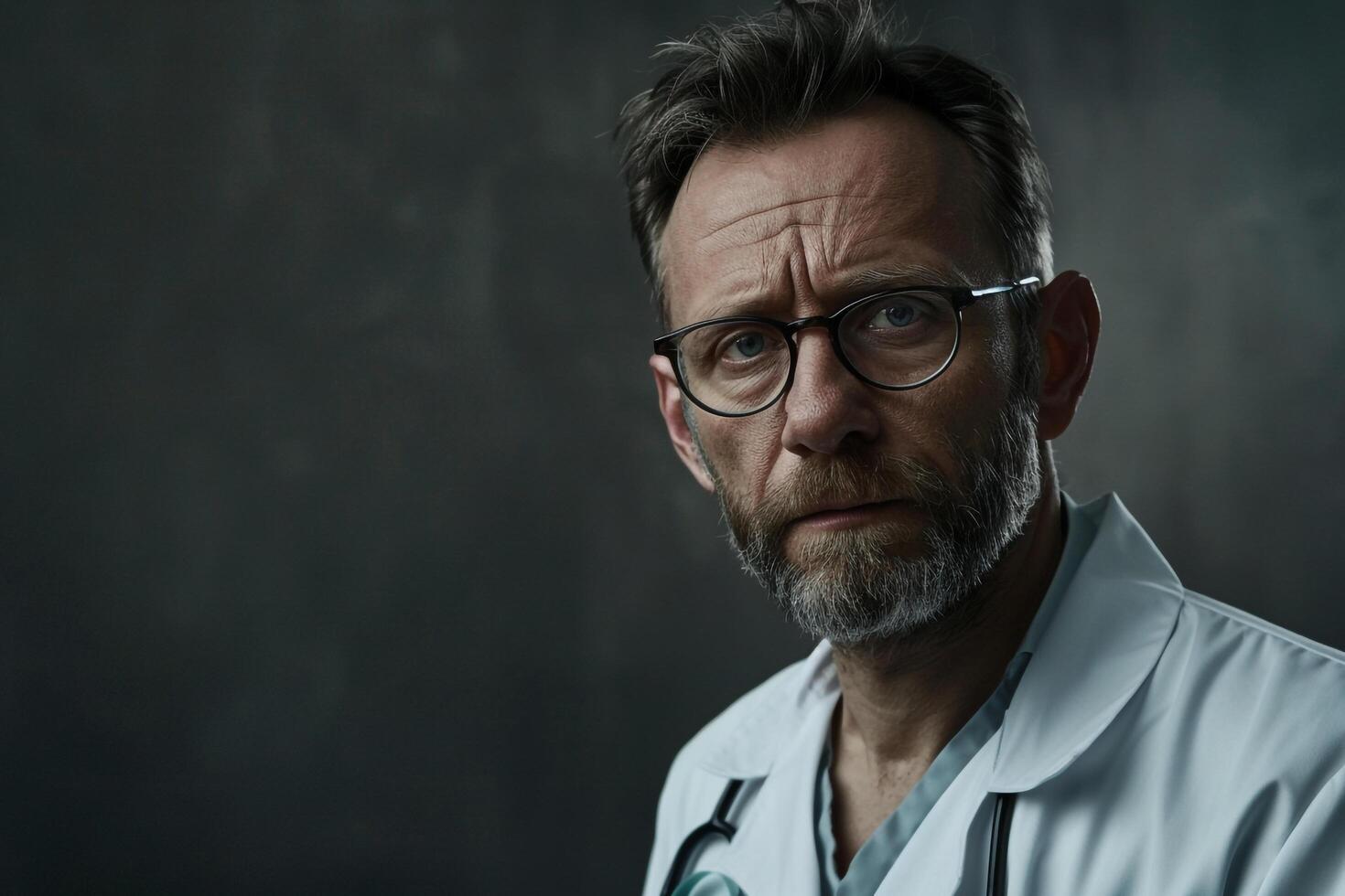 Doctor Displaying Thoughtful Expression While Reing Patient Information photo