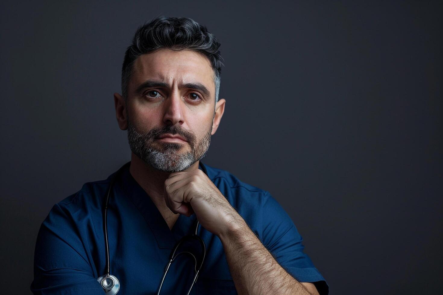 Doctor with Serious Expression Evaluating Patient Case in Professional Office photo