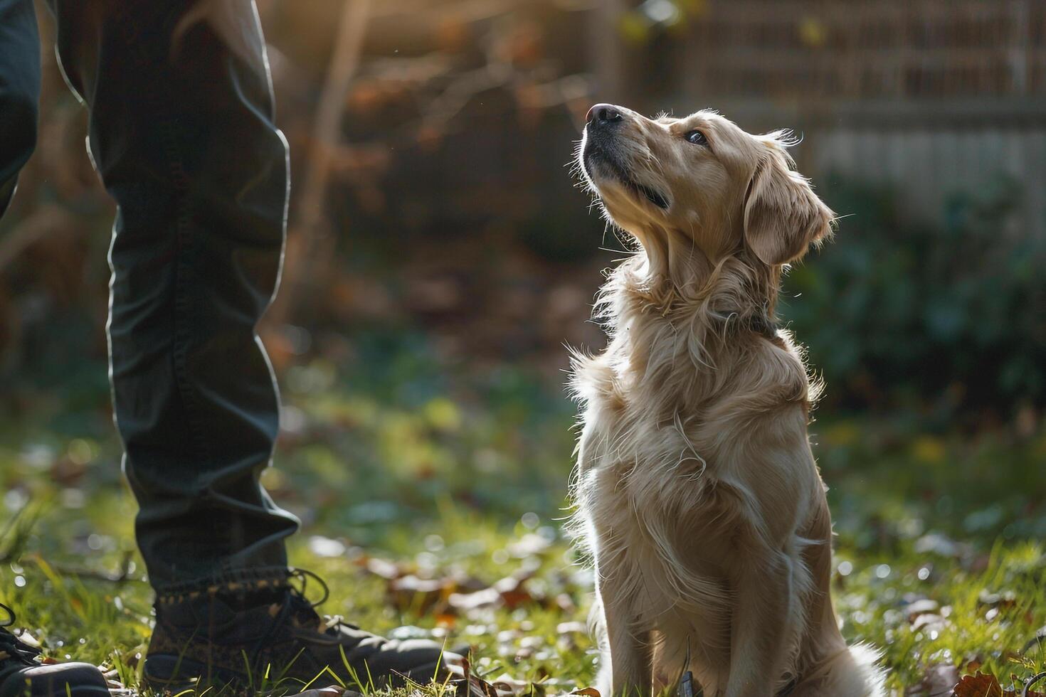 Dog Learning Tricks with Owner in Garden photo