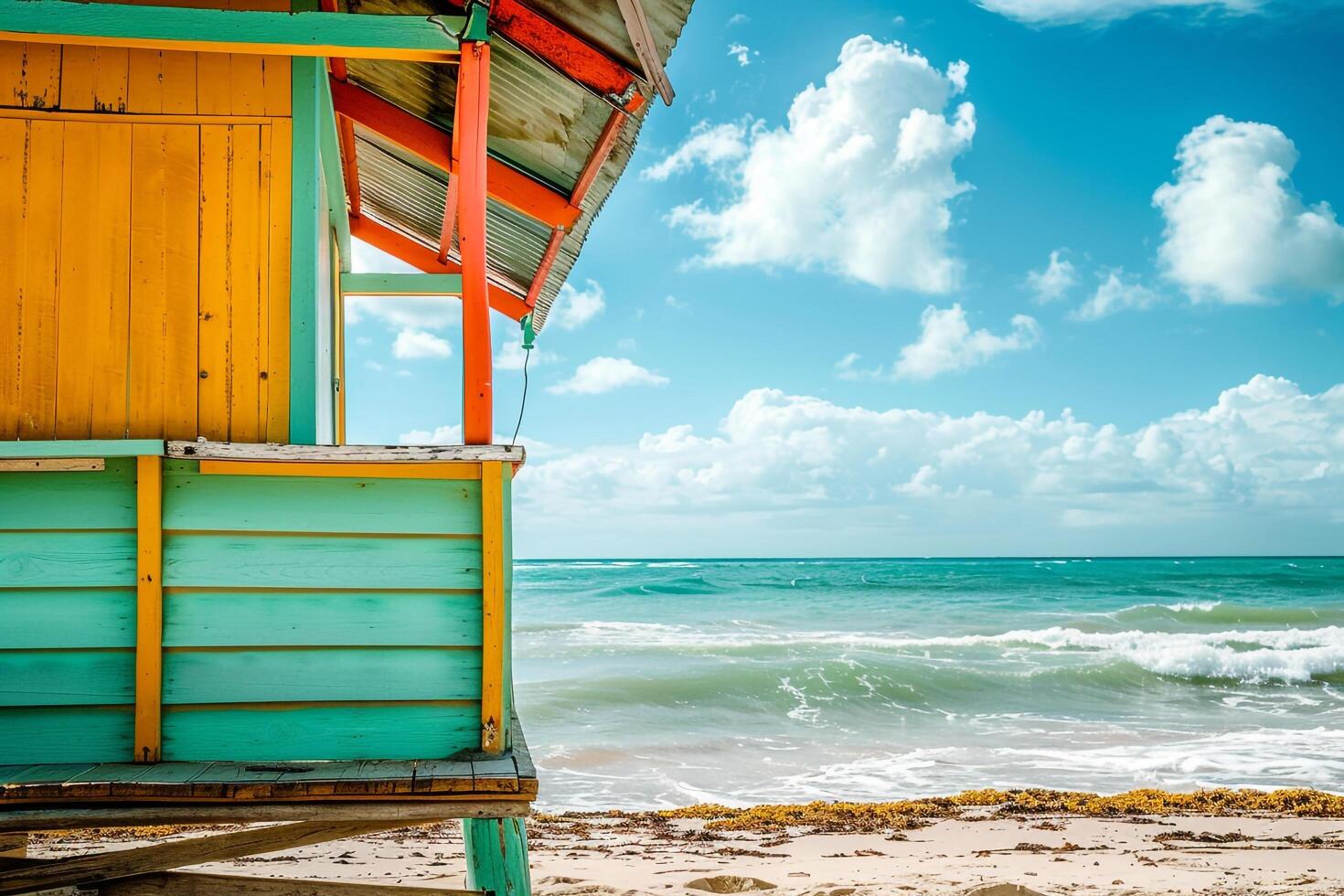 Beach hut on tropical shore with turquoise waves photo
