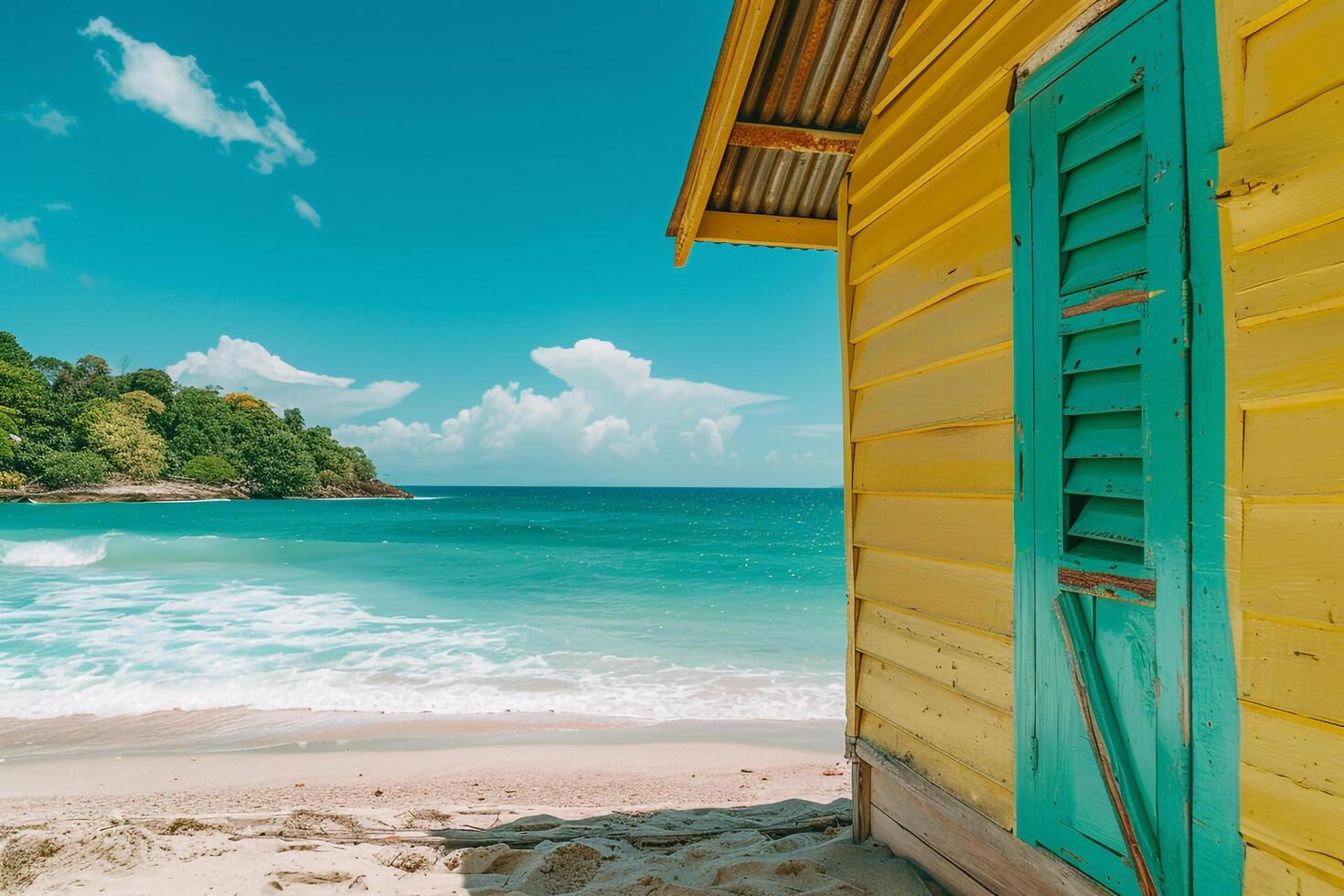 Beach hut on tropical shore with turquoise waves photo