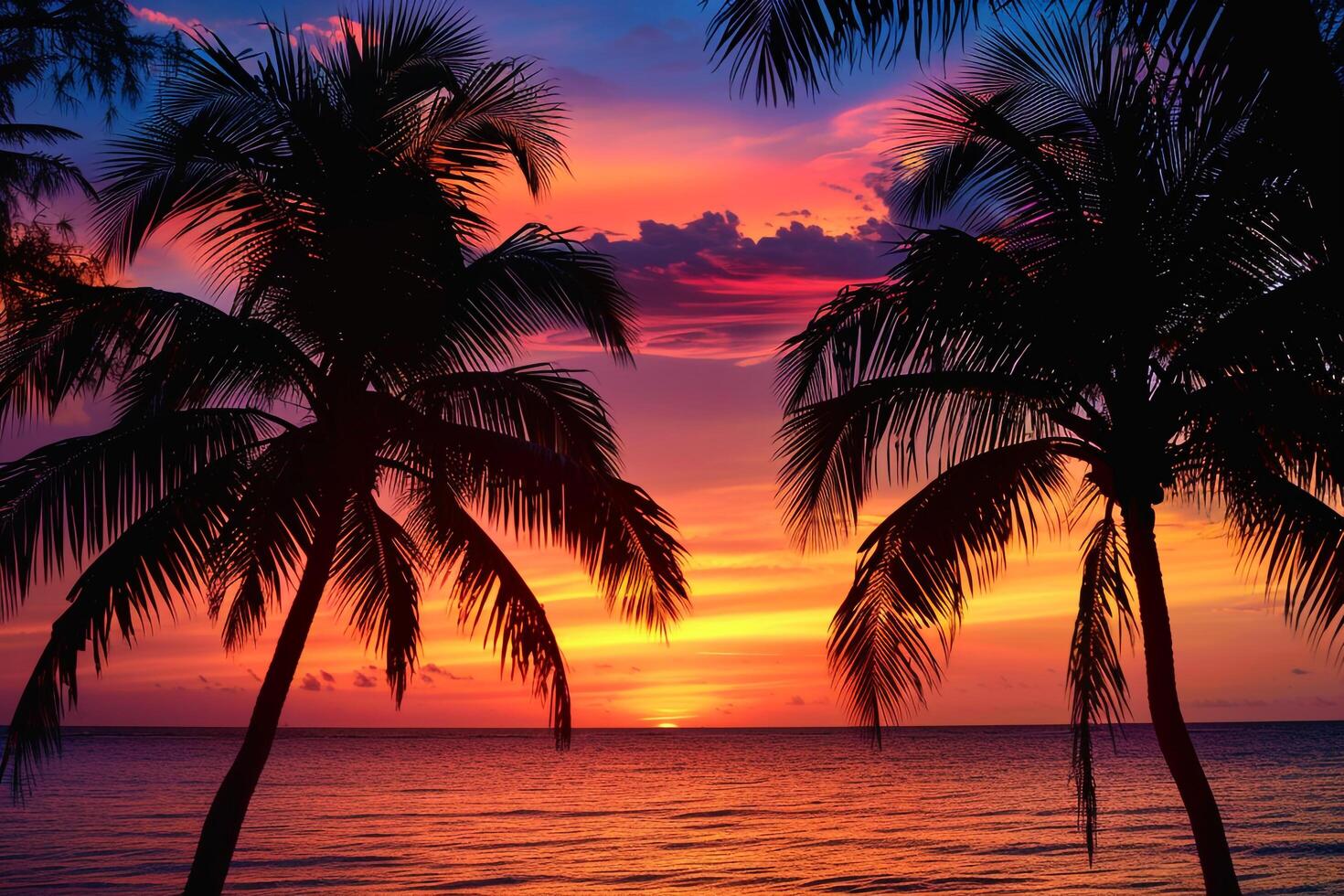 Palm Trees Silhouetted Against  Sunset Sky on Tropical Beach photo
