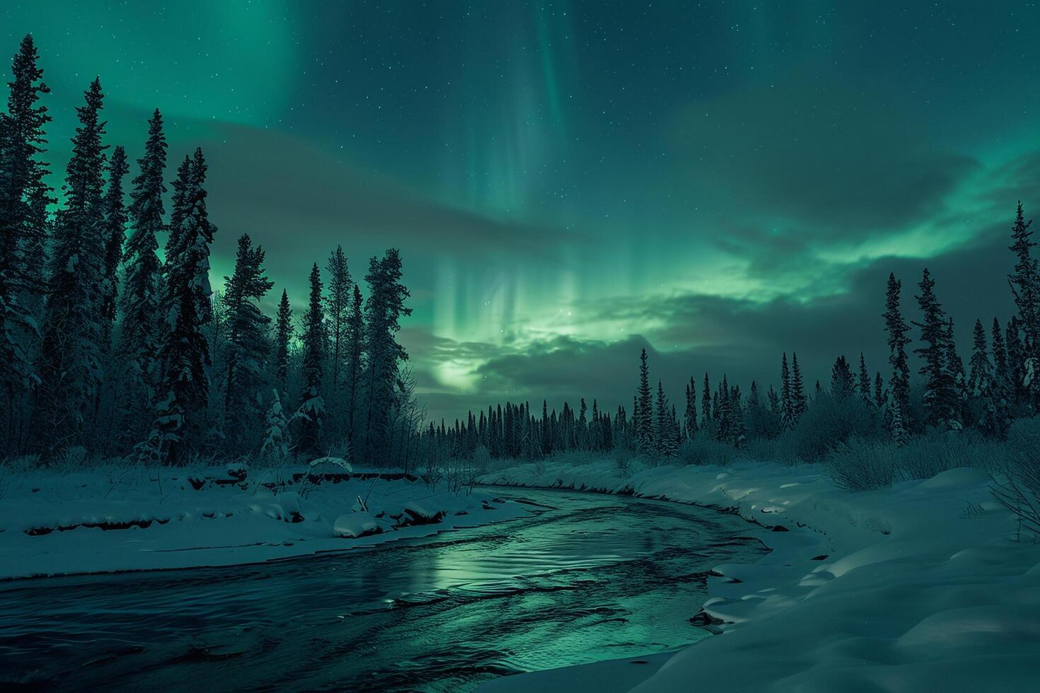 Aurora Borealis Shining Over Snow Covered Forest Landscape Offering a Magical Night Sky photo