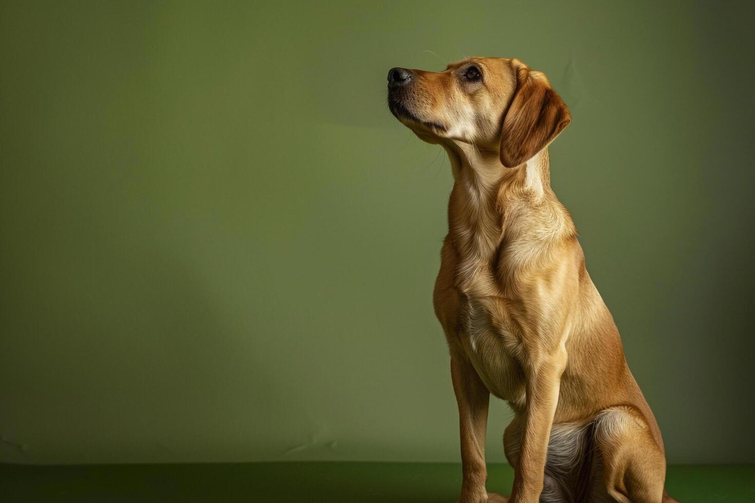 Dog Sitting Calmly on Olive Background Highlighting a Relaxed and Observant Stance photo
