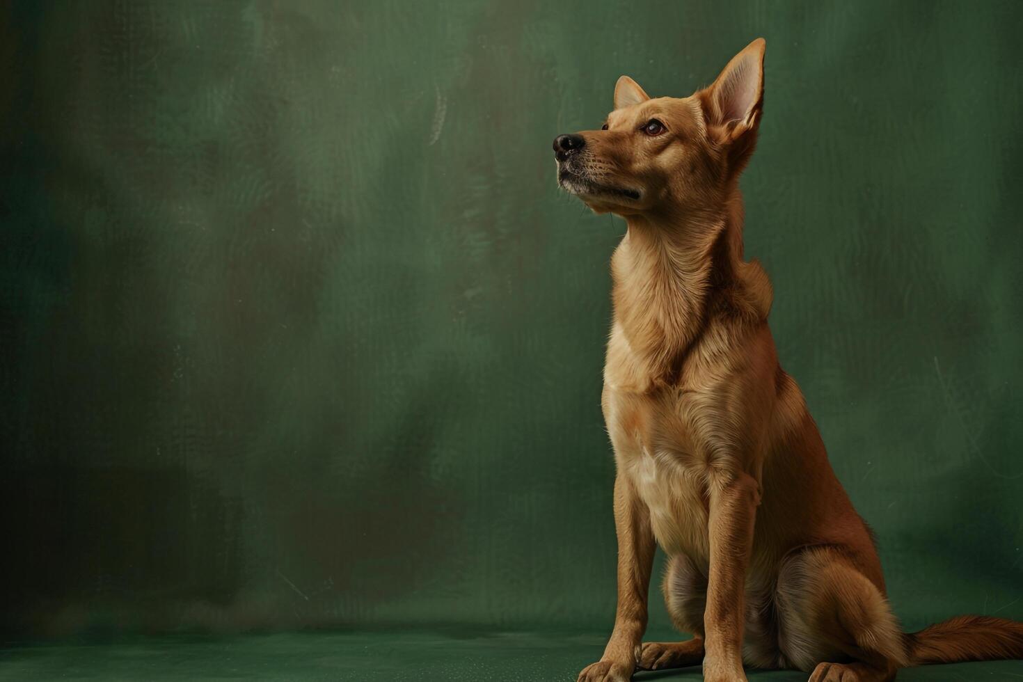Dog in a Relaxed Sitting Pose on Olive Background Emphasizing a Calm and Attentive Expression photo