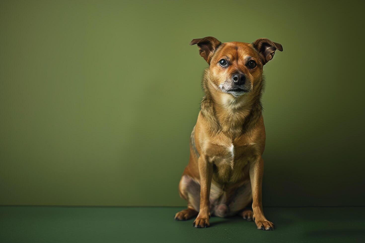Dog Sitting on Olive Background Demonstrating a ed and Calm Attitude photo