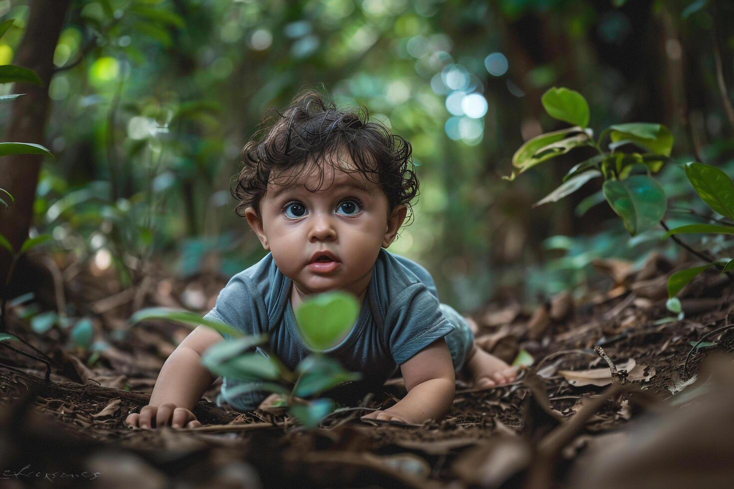 Baby Exploring in Forest Delighting in Nature s Beauty and Embarking on a Fun Adventure photo