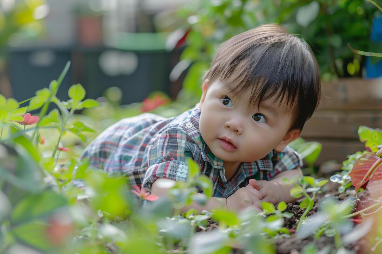 Baby Exploring in Garden Enjoying the Beauty of Flowers and Experiencing a Playful Outdoor Activity photo