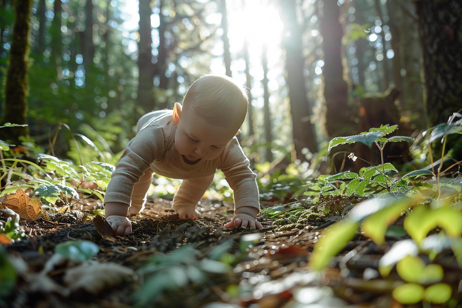 Baby Exploring a Forest Trail Delighting in Nature s Beauty and Experiencing a Fun Outdoor Activity photo