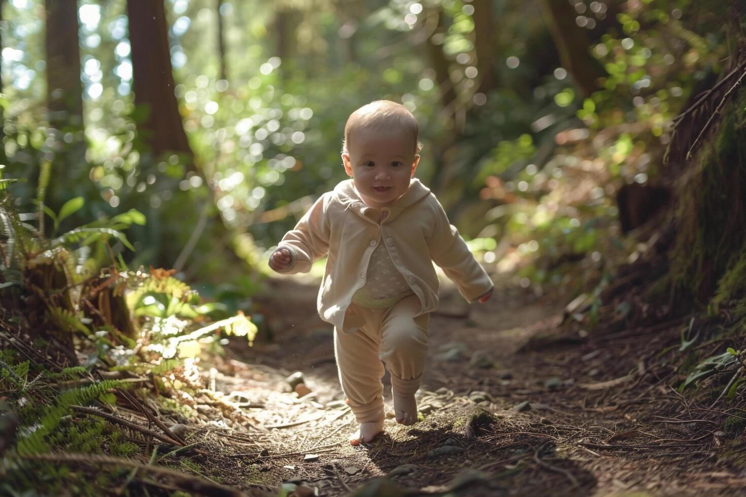 Baby Exploring a Forest Trail Engaging in a Playful and Exciting Outdoor Adventure photo