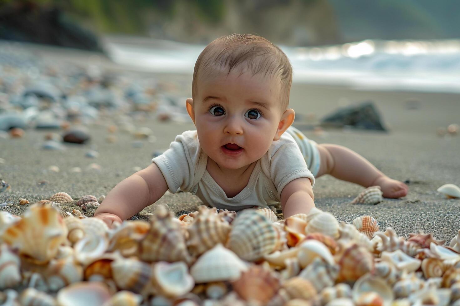 Baby Exploring a Beach with Seashells Enjoying a Fun and Interactive Coastal Experience photo