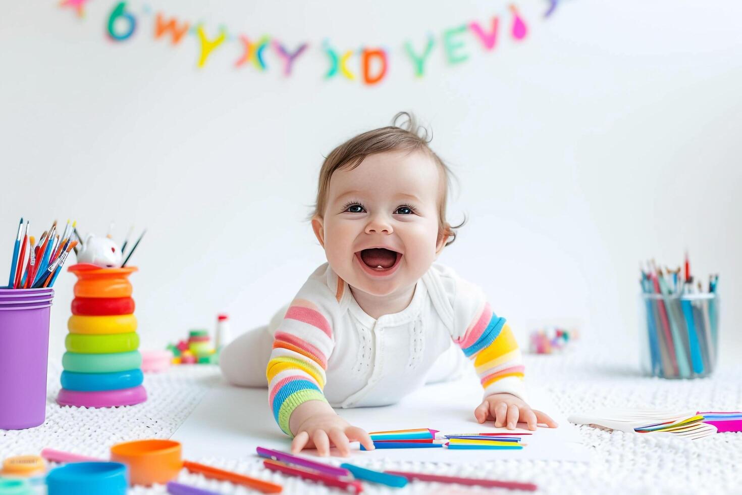Baby Engaged with Art Supplies Exploring Creativity and Artistic Expression photo